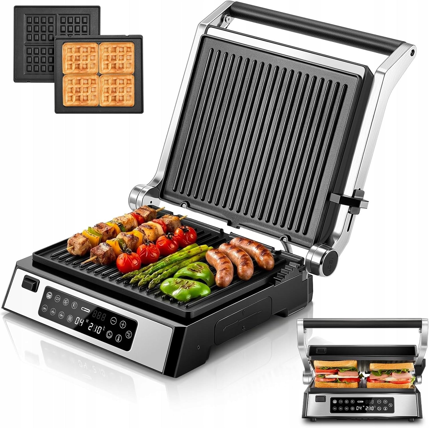 XL Contact Grill, Multifunctional, Sandwich Toaster and 4-in-1 Waffle Maker