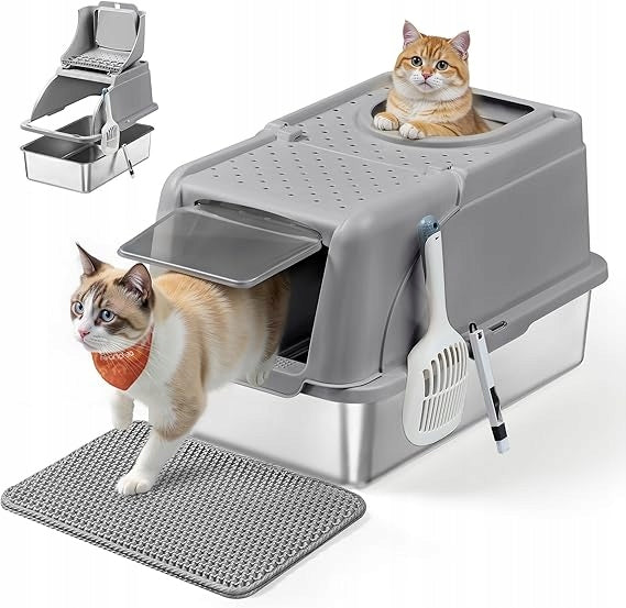 XL STAINLESS STEEL LITTER BOX WITH BRUSH BLADE COVER 2 ENTRANCES 15KG