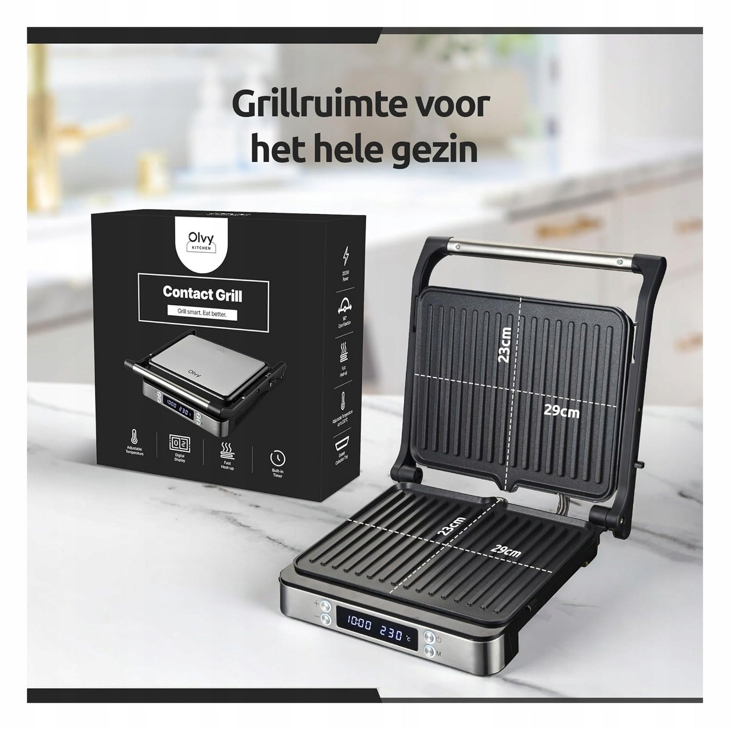 XL Sandwich Making Device With Timer and Temp Adjustment Model Olvy Sandwich maker XL - Panini - Timer function -