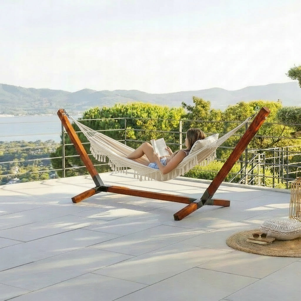 XL Set Wooden Hammock Frame Impregnated 220kg + Boho Ecru Hammock Packaging status original