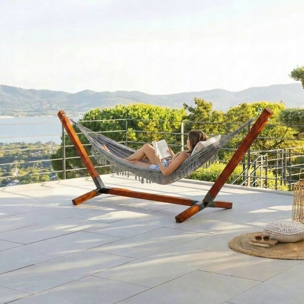 XL Set Wooden Hammock Frame Impregnated 220kg + Boho Hammock Grey Packaging status original