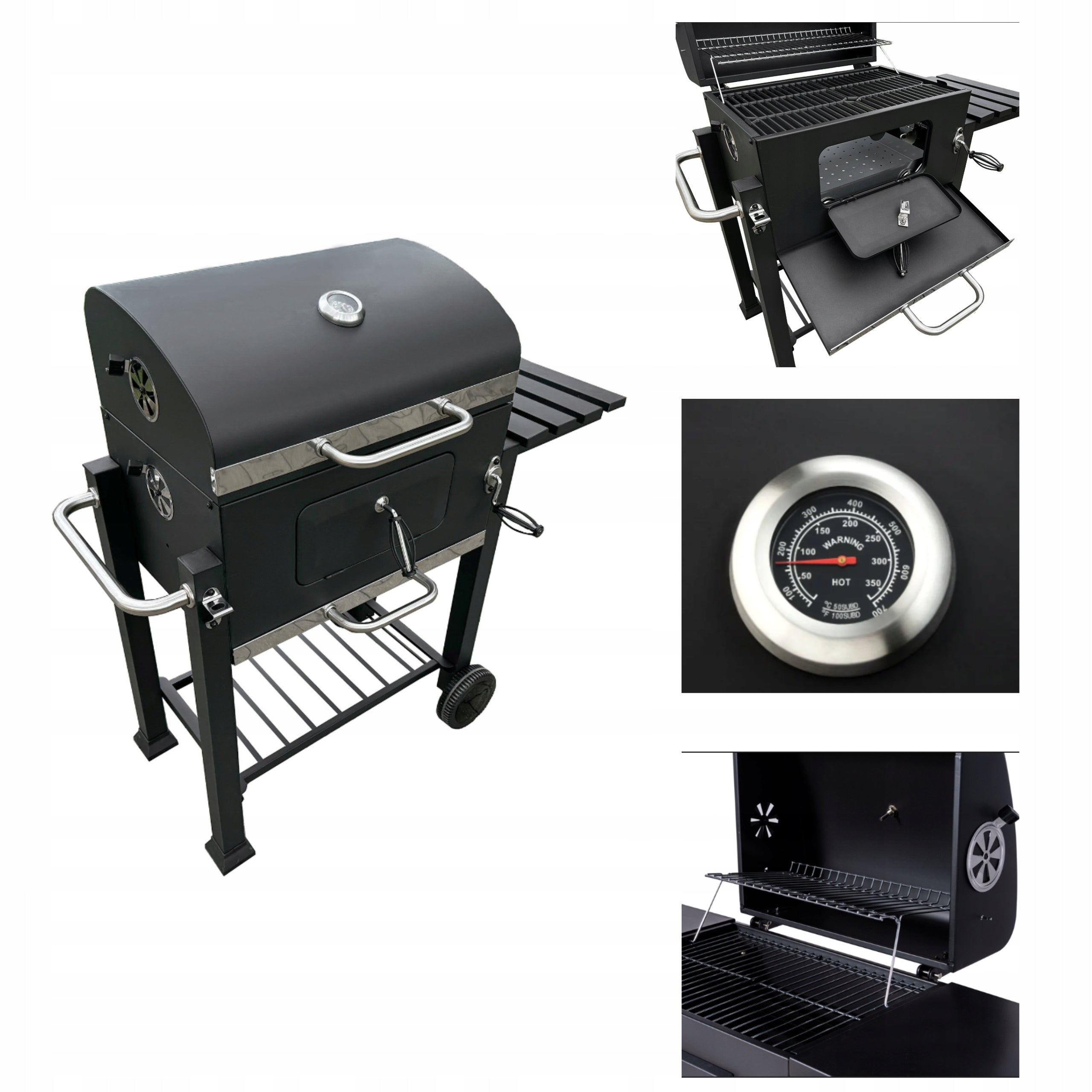 XXL GARDEN CHARCOAL GRILL WITH THERMOMETER COVER CAST IRON GRATE Grate length 41.5 cm