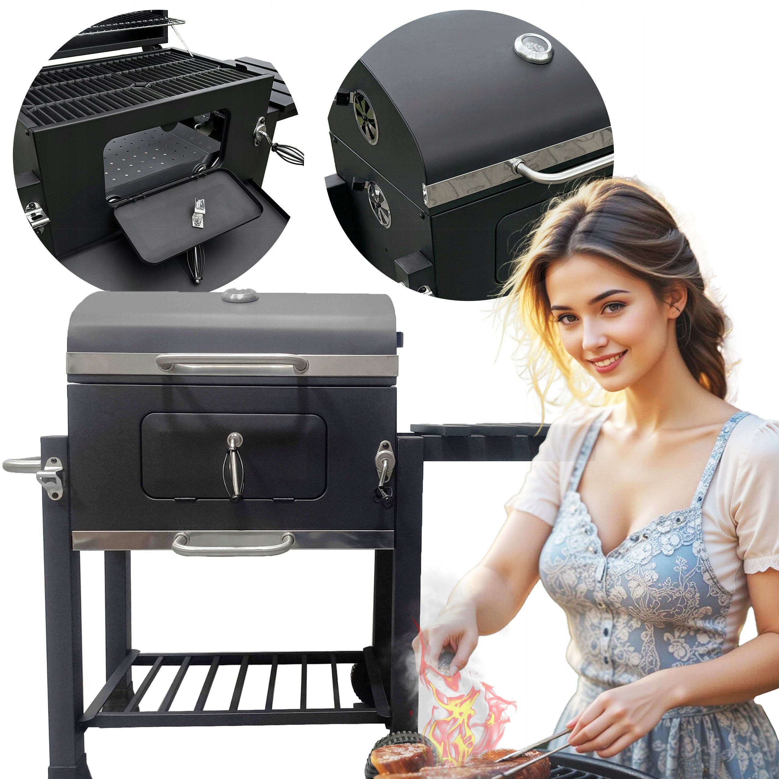 XXL GARDEN CHARCOAL GRILL WITH THERMOMETER COVER CAST IRON GRATE Grill width 105 cm