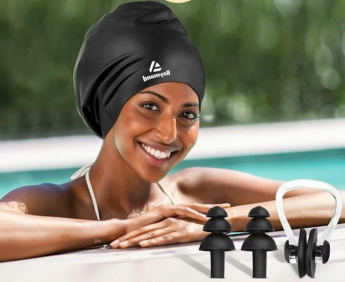 XXL swimming cap 2 pieces black and pink earplugs included Brand no brand
