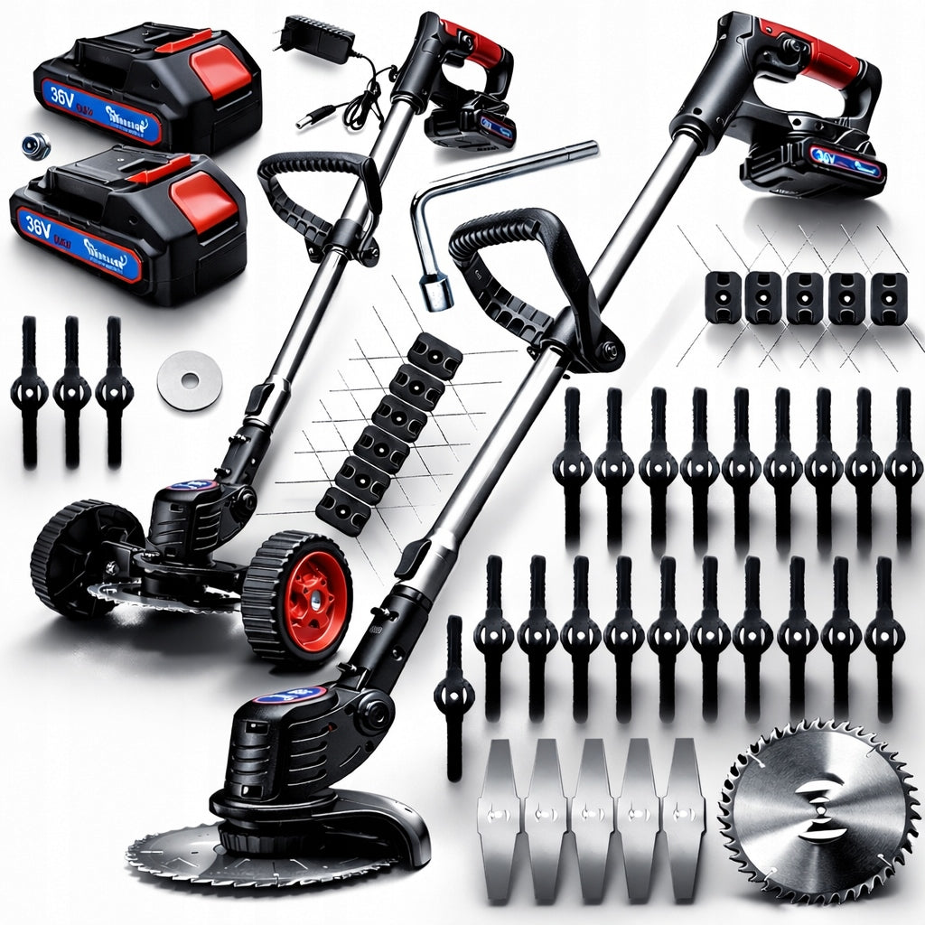 XXXL CORDLESS TRIMMER GARDEN SCYTHE BRUSH CUTTER ON WHEELS 36V 2xAKU