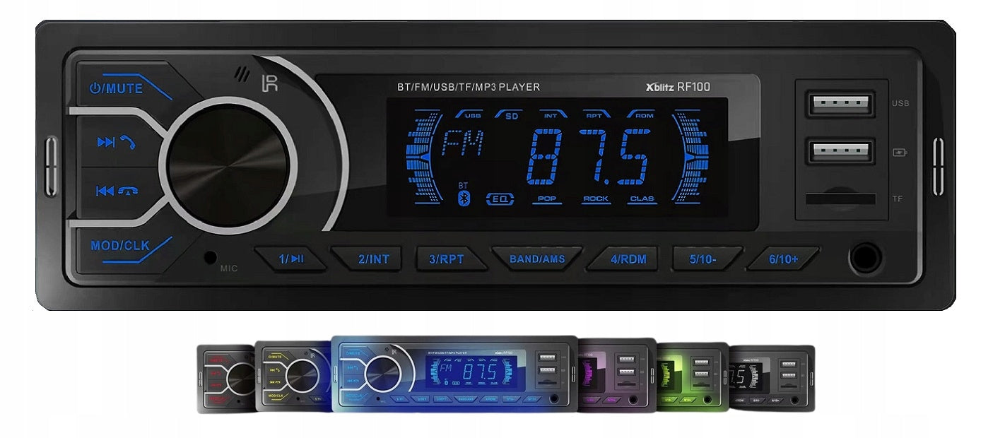 Xblitz RF100 Car Radio Bluetooth USB x2 Micro SD MultiColor