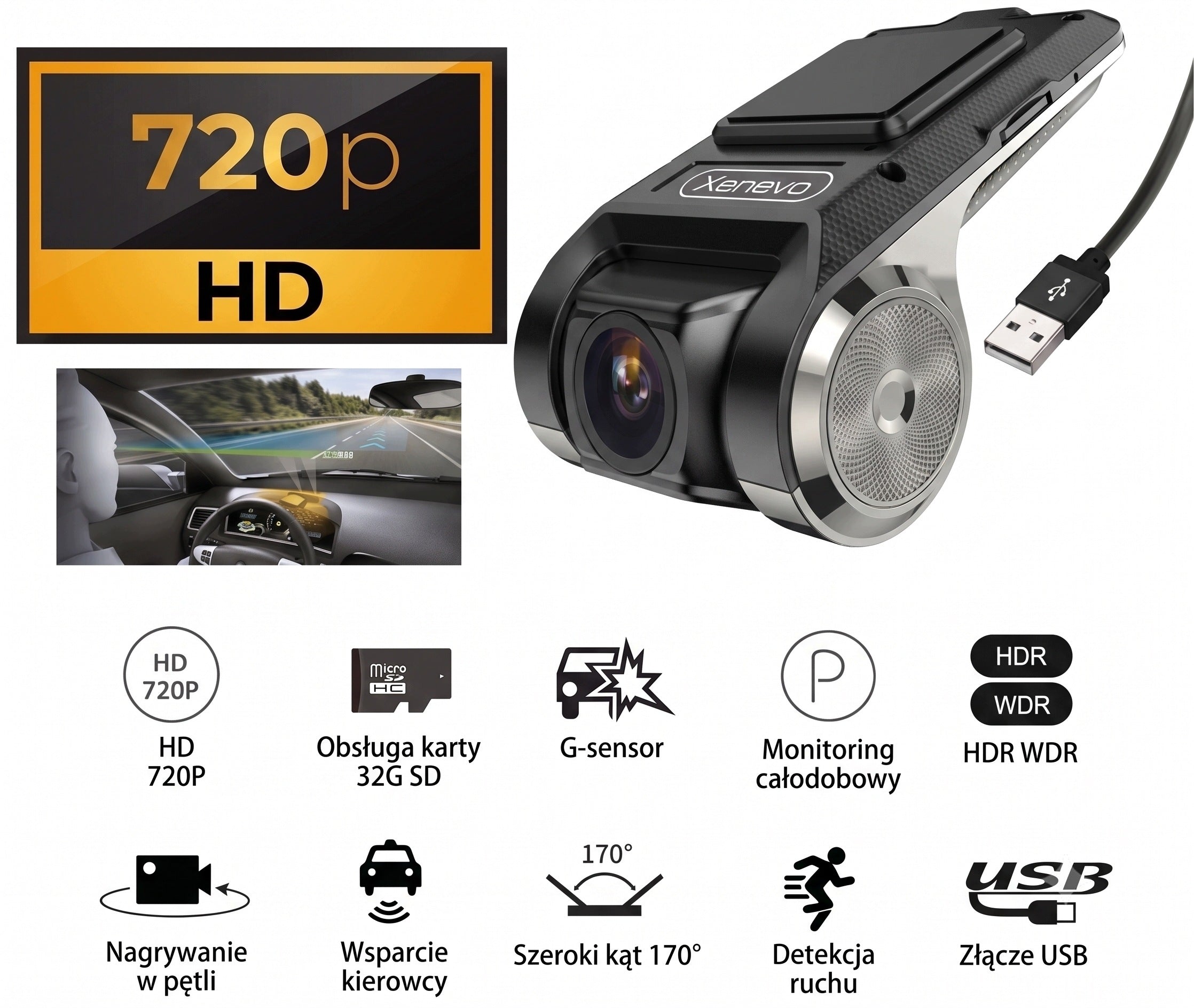 Xenevo HD car camera USB DVR ADAS 170° VIDEO RECORDER ANDROID Manufacturer code KAMERA SAMOCHODOWA WIDEOREJESTRATOR ADAS USB