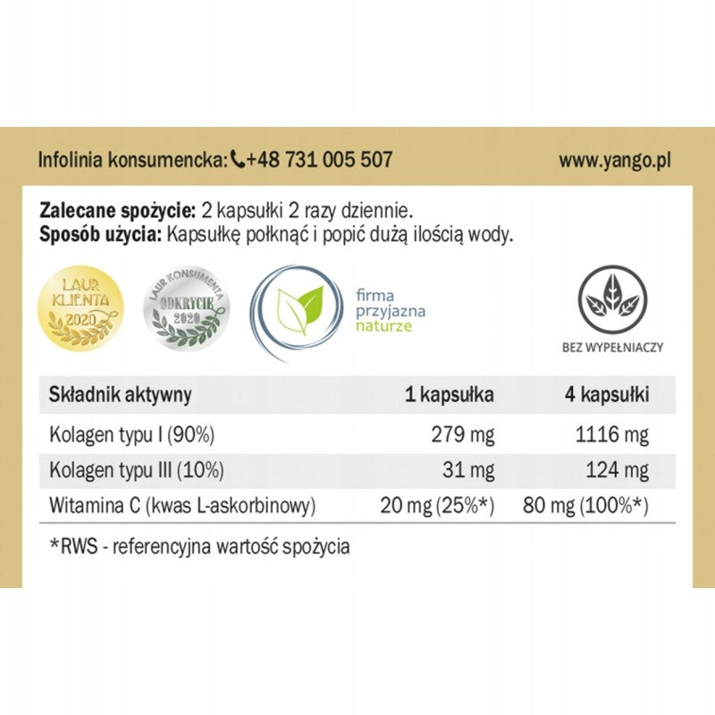 YANGO COLLAGEN type I and III ACTIVE Bioavailable PEPTIDES + VITAMIN C 420mg 90caps Brand Yango