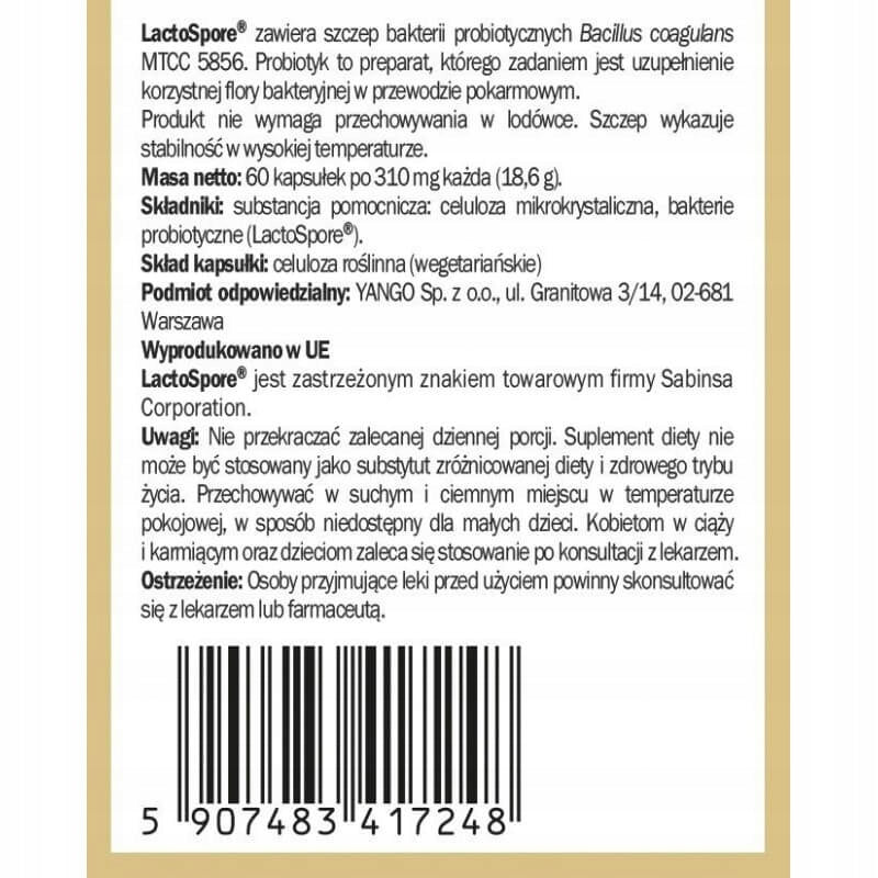 YANGO Probiotic BC-2 Lactospore 60 vegan capsules Brand Yango