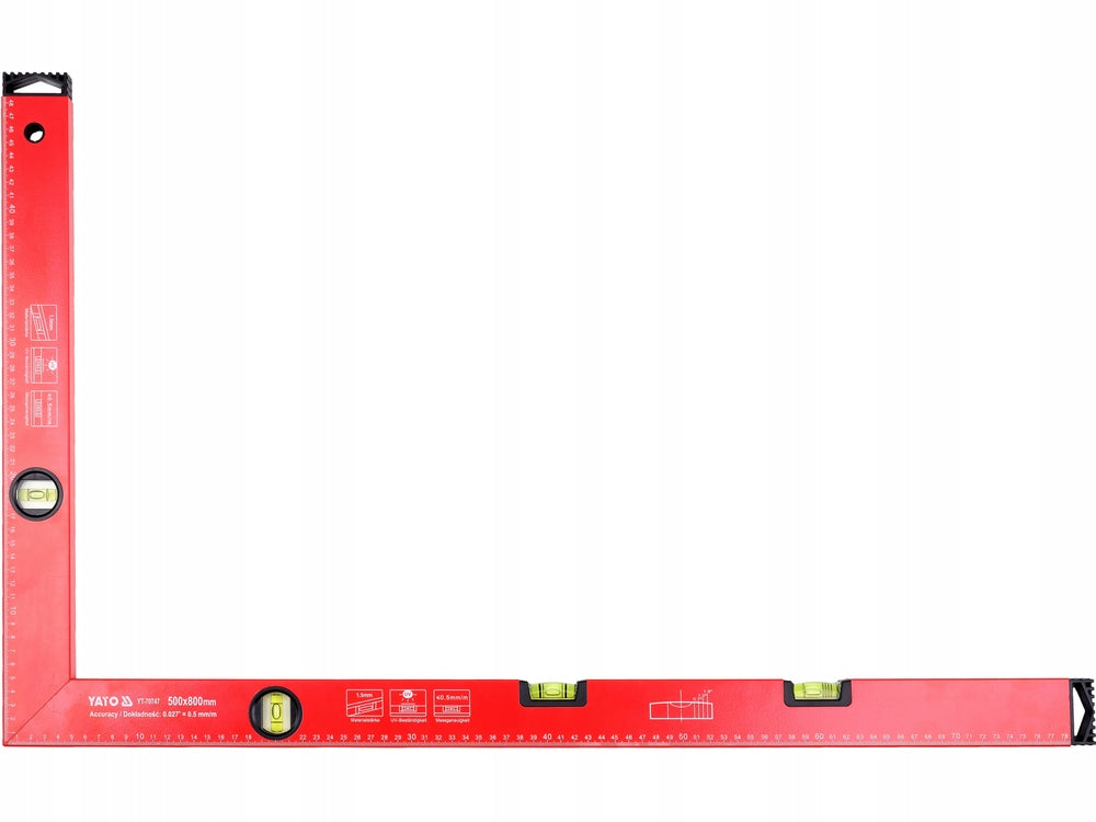 YATO ALUMINIUM ANGLE 800X500MM LIGHT 4 LIBELLE ACCURACY 0,5 mm/m Manufacturer code YT-70747