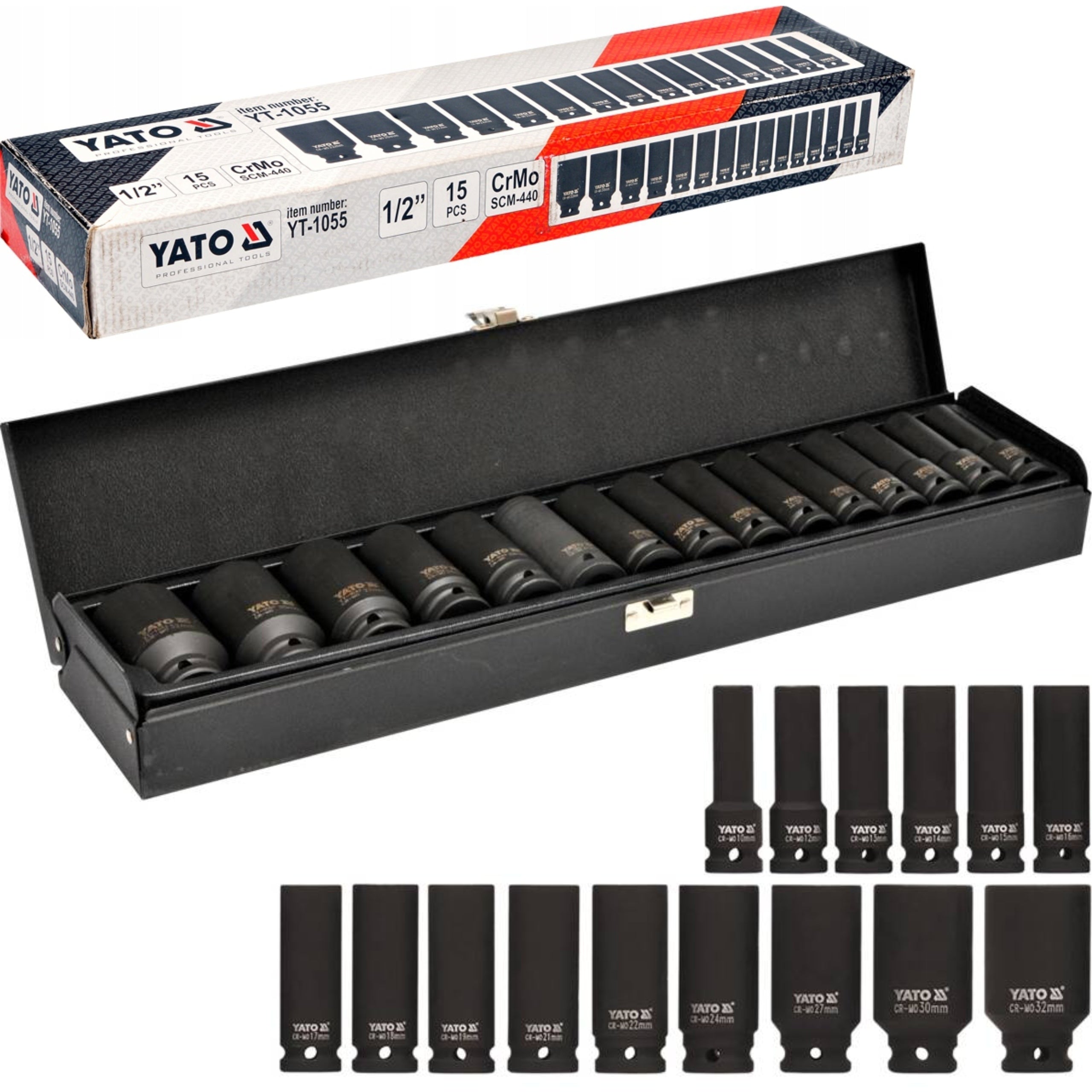 YATO SET OF SOCKETS IMPACT WRENCHES LONG 1/2 15 EL SUITCASE YT-1055