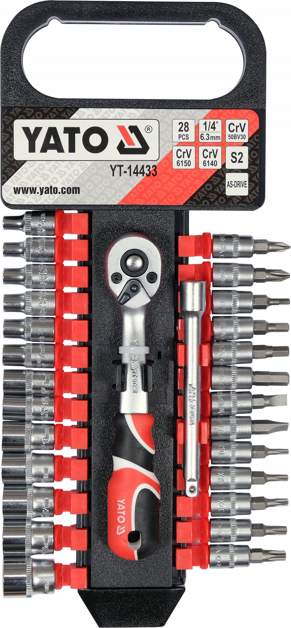 YATO SOCKET SET WITH ACCESSORIES 1/4", 4-14mm 28 EL. Brand Yato