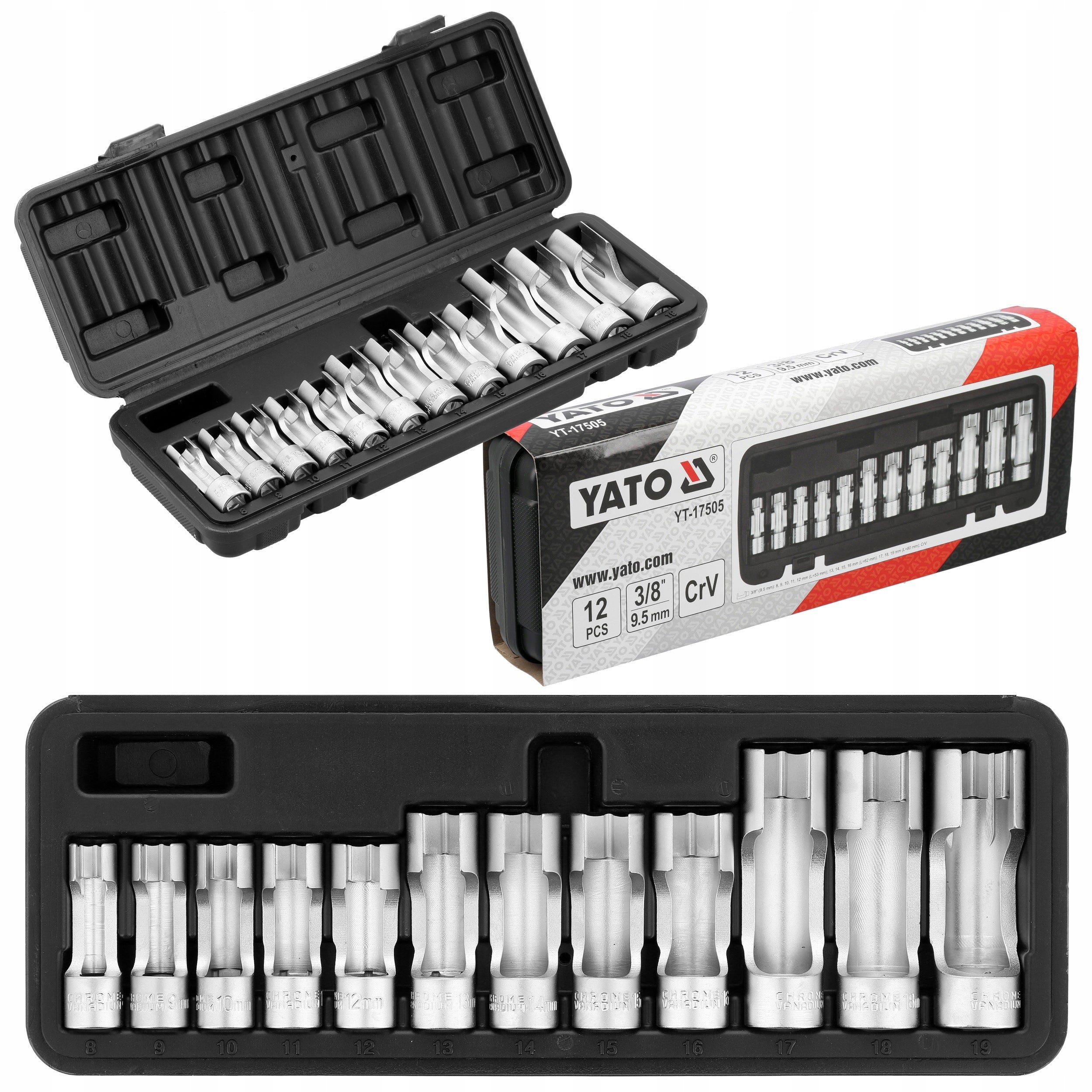YATO SOCKETS OPEN CUT SET OF 3/8 12 ELEMENTS LENGTH 53MM 62MM 80MM