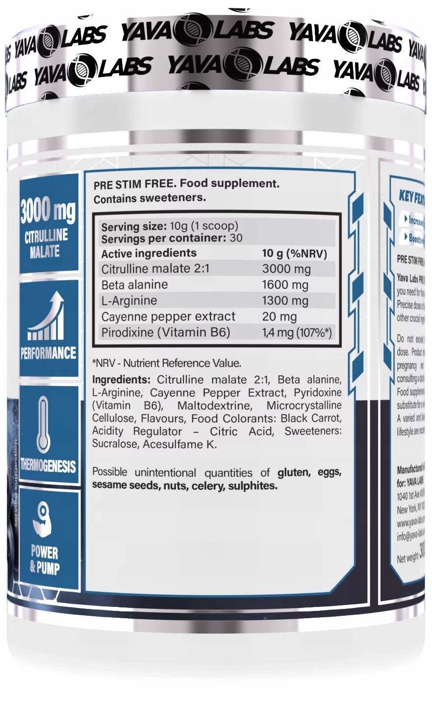 YAVA LABS PRE WORKOUT NON STIM WITHOUT CAFFEINE 300G ENERGY Manufacturer code 5906063862324