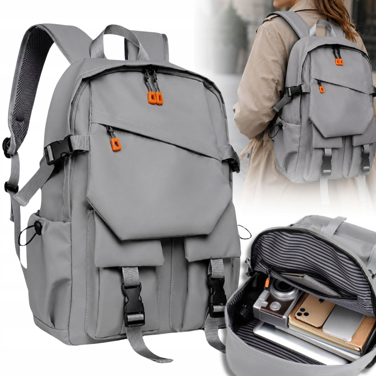 YOUTH BACKPACK URBAN SPORTS ROOMY FOR WORK WATERPROOF USB GREY