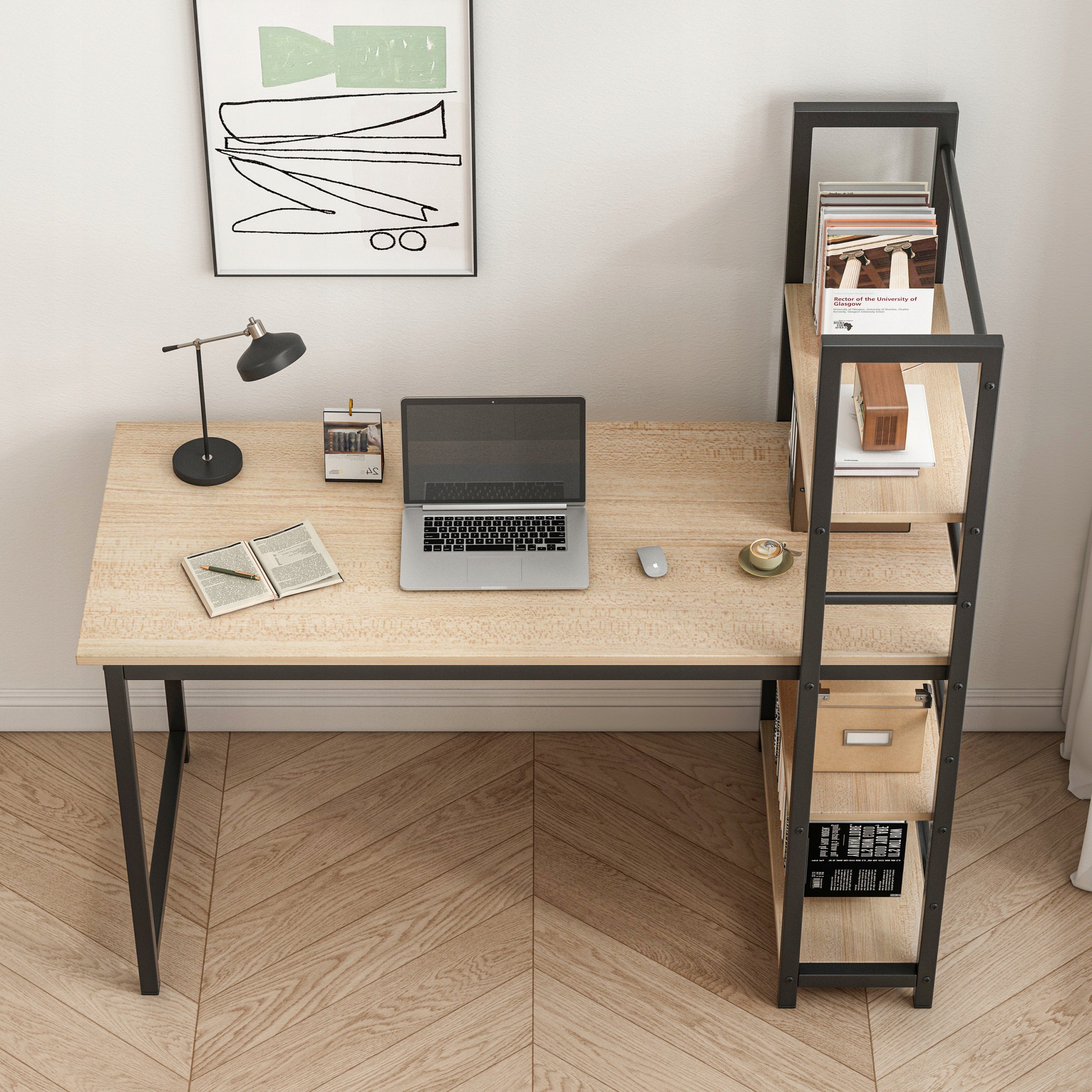 YOUTH DESK WITH BOOKCASE COMPUTER SHELVES METAL MODERN LIGHT BROWN Brand Rebiko