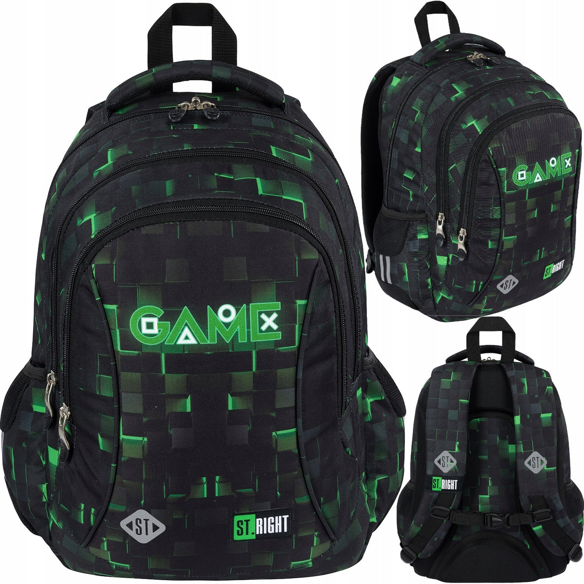 YOUTH SCHOOL BACKPACK FOR BOY PLAYER 3 compartments GREEN GAME ST.RIGHT