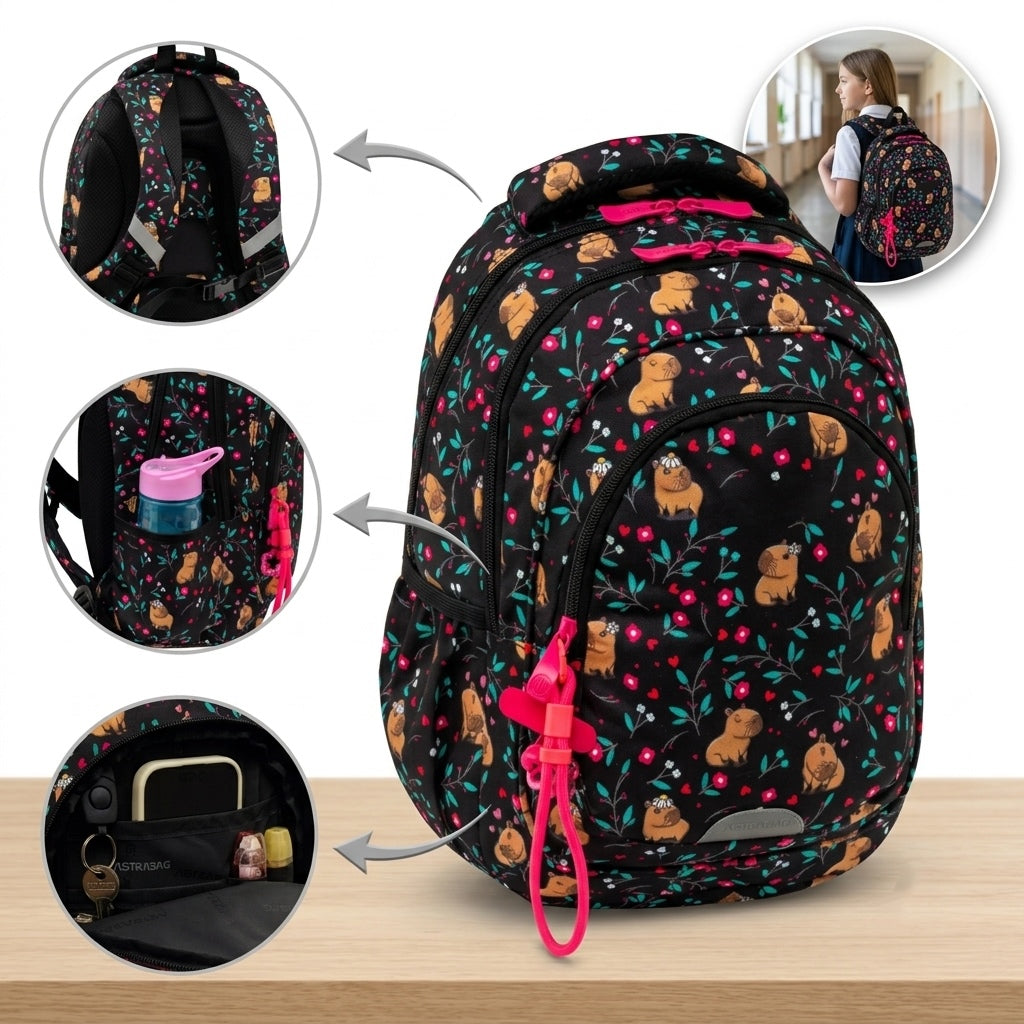 YOUTH SCHOOL BACKPACK FOR GIRLS CLASS 1-3 KAPIBARA FLOWER FLOWERS