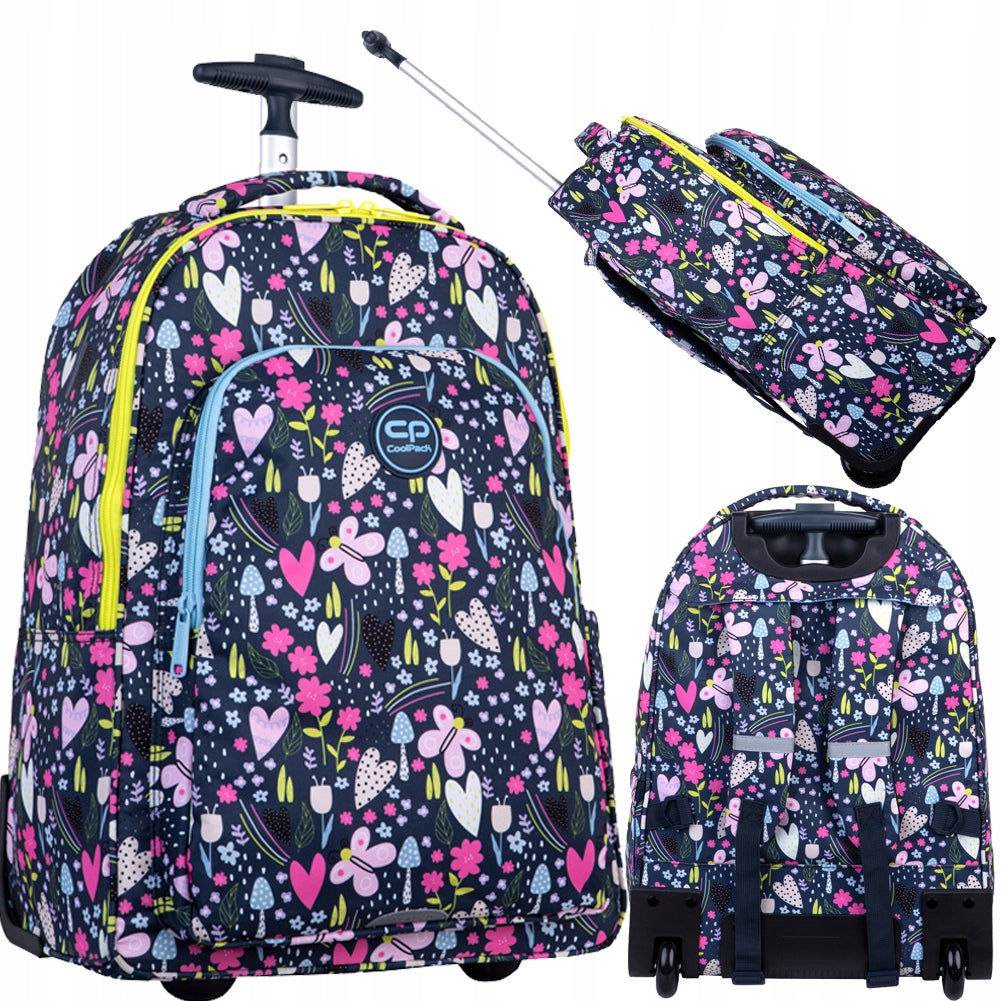 YOUTH SCHOOL BACKPACK FOR GIRLS ON WHEELS WITH FLOWERS HEARTS