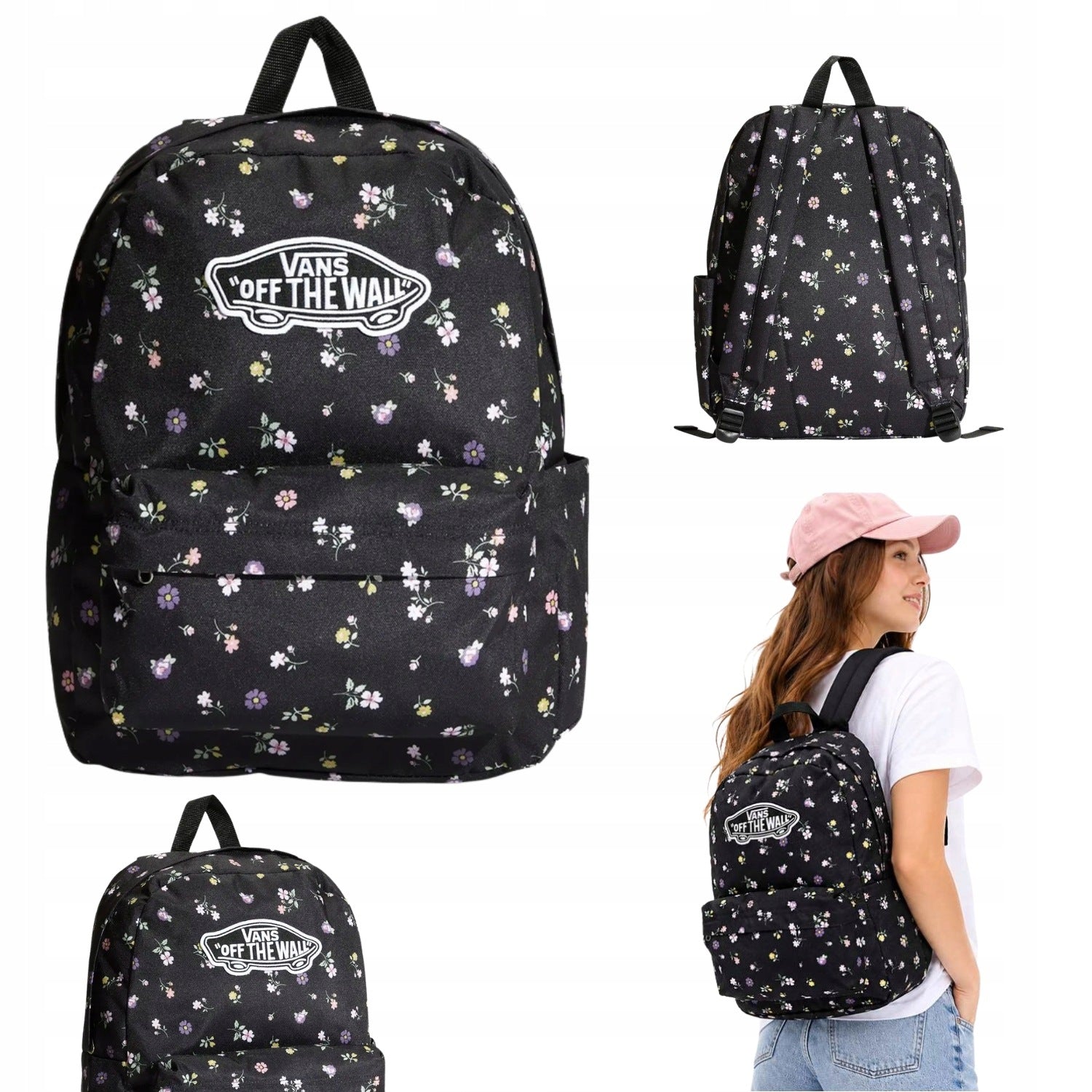 YOUTH SCHOOL BACKPACK FOR GIRLS VANS OLD SKOOL BLACK WITH FLOWERS