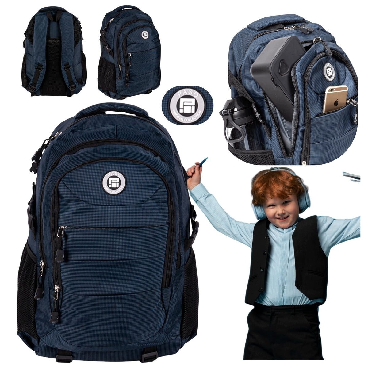 YOUTH SCHOOL BACKPACK PASO LARGE ROOMY WATERPROOF NAVY BLUE 50CM