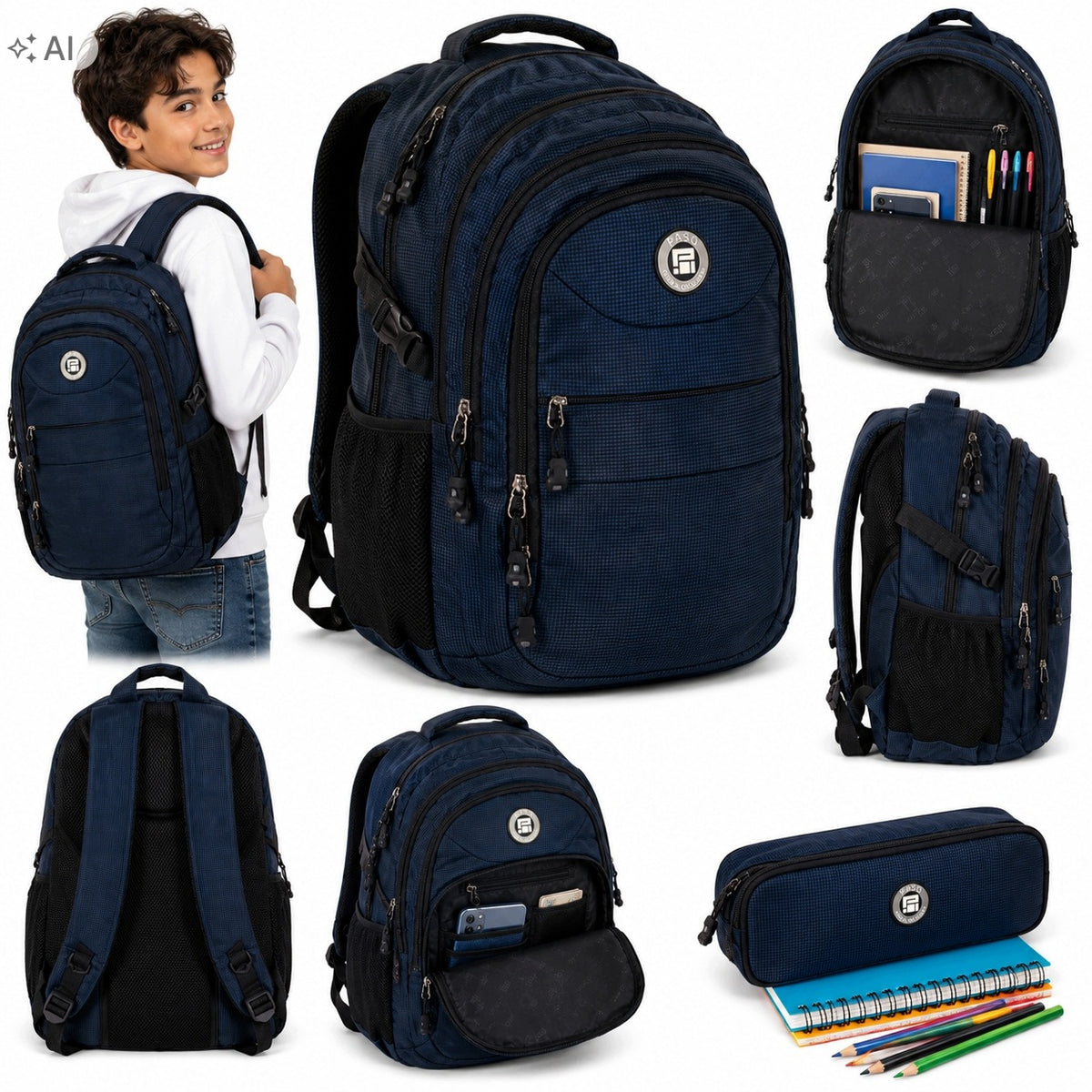 YOUTH SCHOOL BACKPACK PASO LARGE WATERPROOF ROOMY NAVY BLUE 35L
