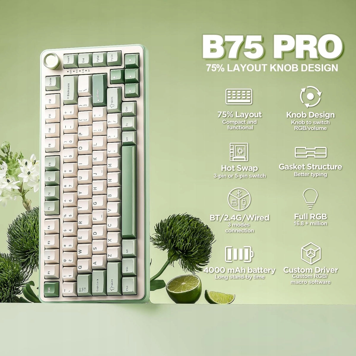 YUNZII B75 PRO Switche Cocoa CreamV2 HotSwap RGB 75% Mechanical Keyboard Packaging status original