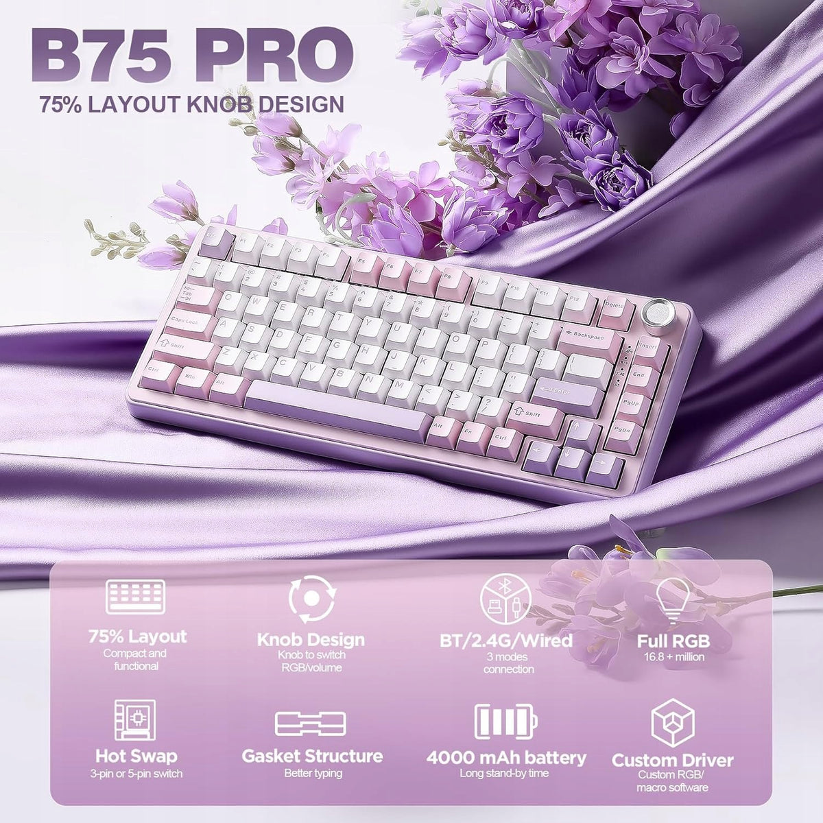 YUNZII B75 Pro Mechanical Keyboard 75% RGB Wireless Hot Swap Manufacturer code B75 PRO