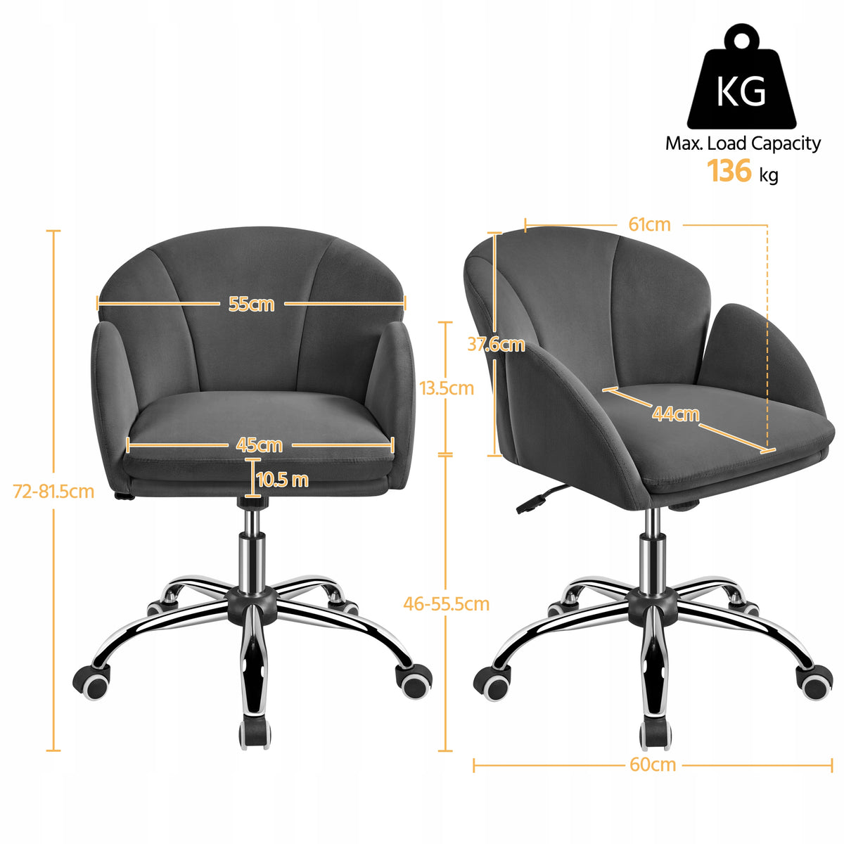Yaheetech Velvet Rolling Desk Chair with Armrests Dark Grey Brand Yaheetech