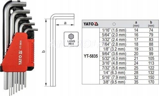 Yato YT-5835 Allen wrenches inch long hex Packaging status original