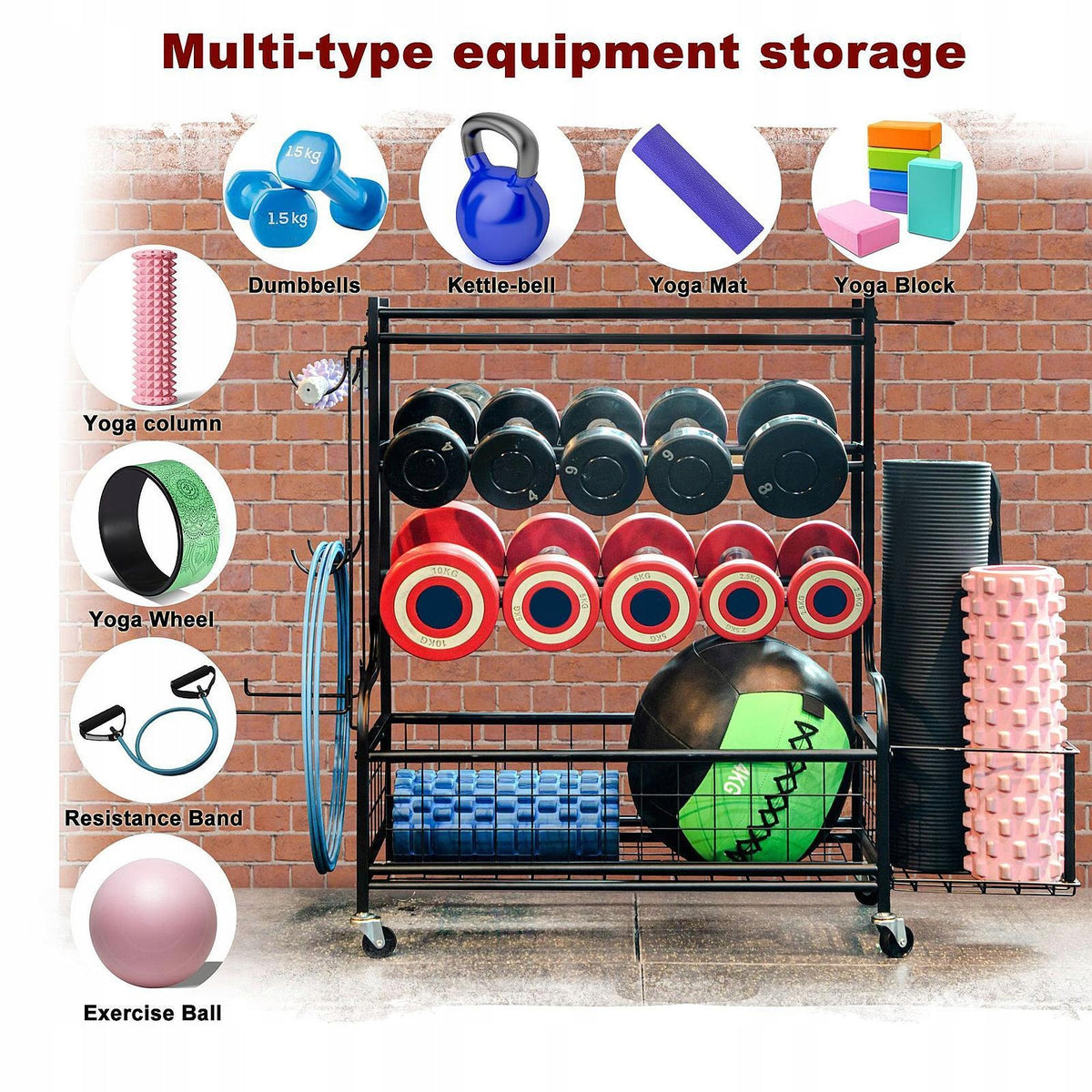 Yoga Mat Storage Rack with Hooks and Wheels Furniture Space Saving Workout Packaging status original