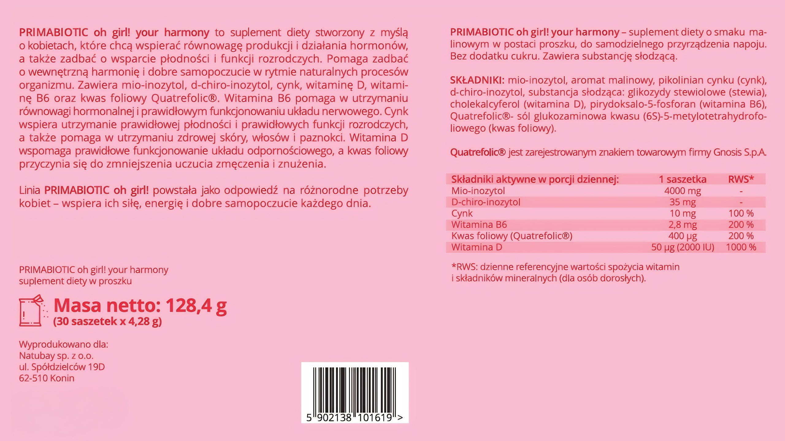 Your Harmony PRIMABIOTIC PCOS Inositol Pregnancy Zinc Folic Acid 30 sash. Packaging status original