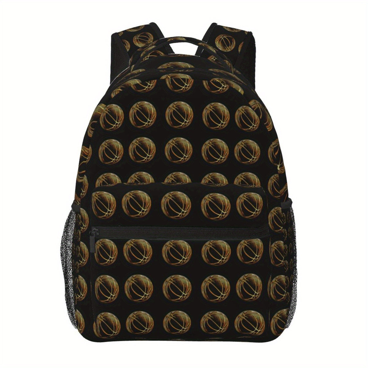 Youth Basketball Pattern Backpack - Black & Gold Hoops, Lightweight & Durable