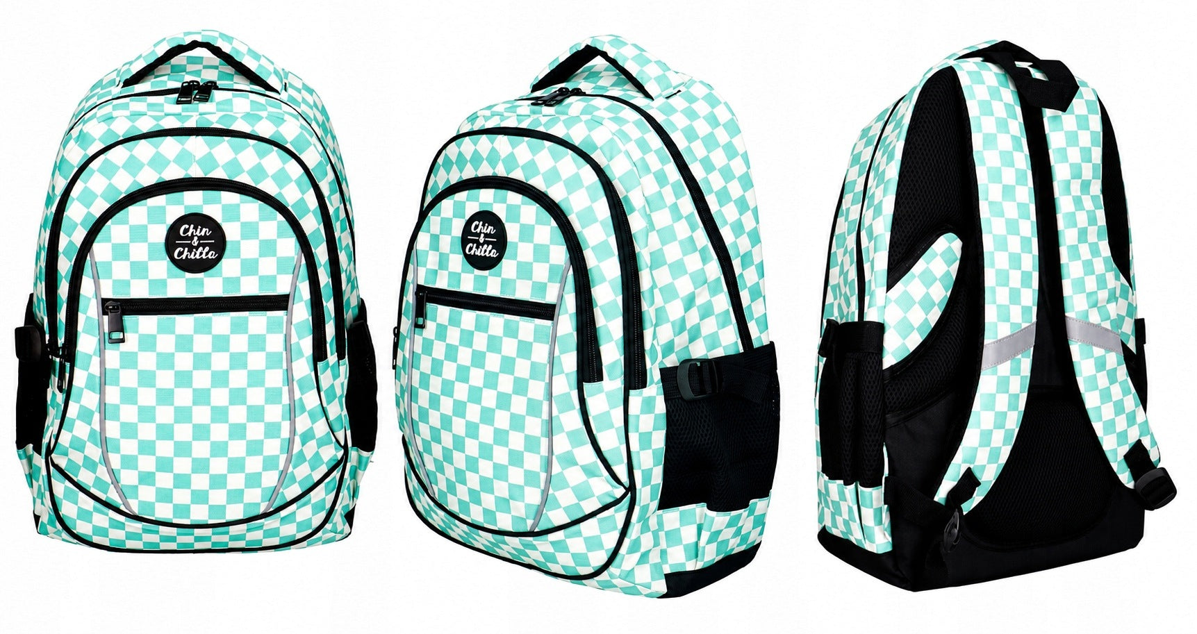 Youth School Backpack 3 Compartments Chessboard Green Incood Brand Chin&Chilla