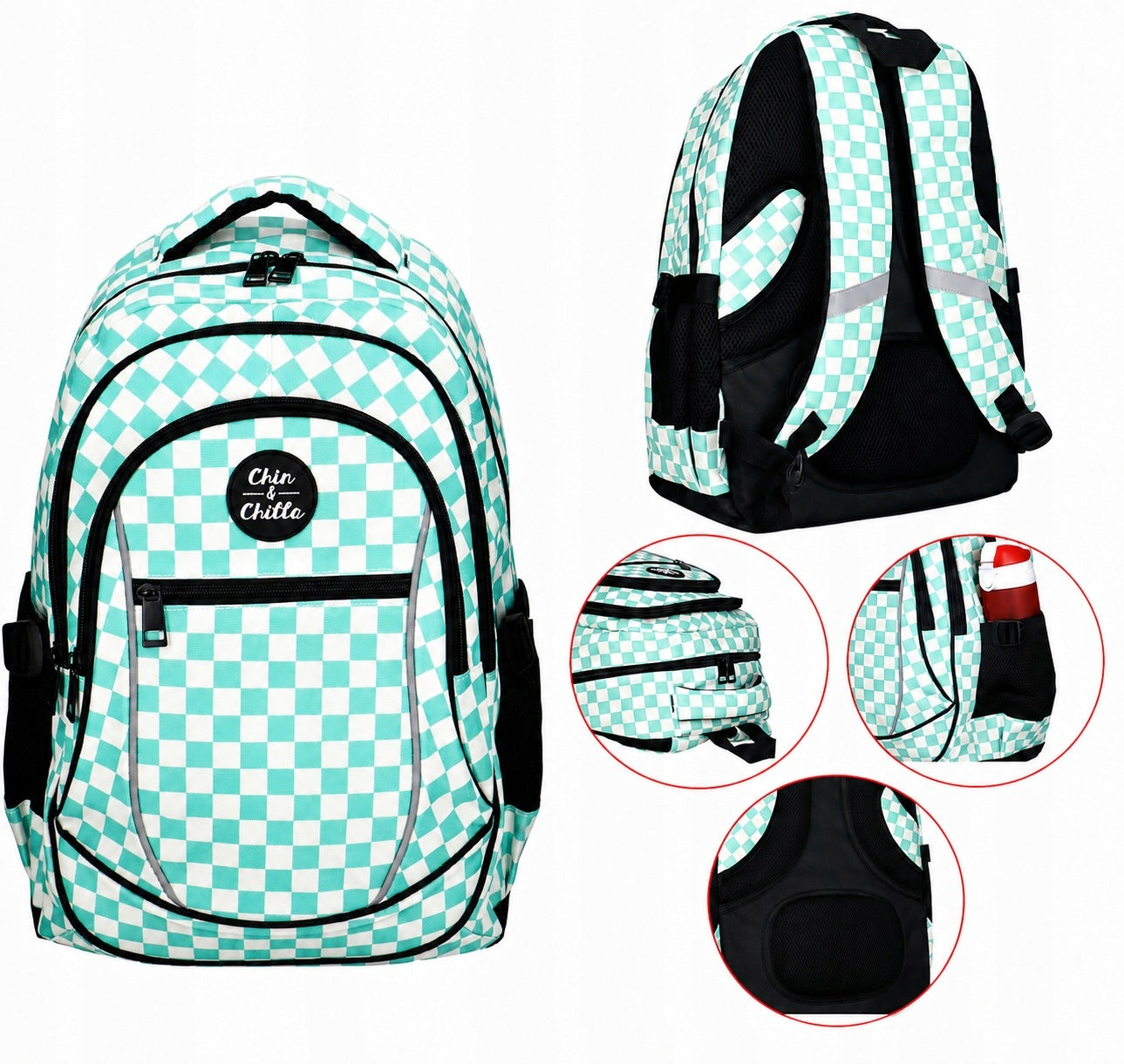 Youth School Backpack 3 Compartments Chessboard Green Incood