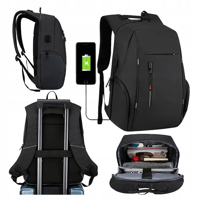 Youth School Backpack City Handheld BLACK Water Resistant USB