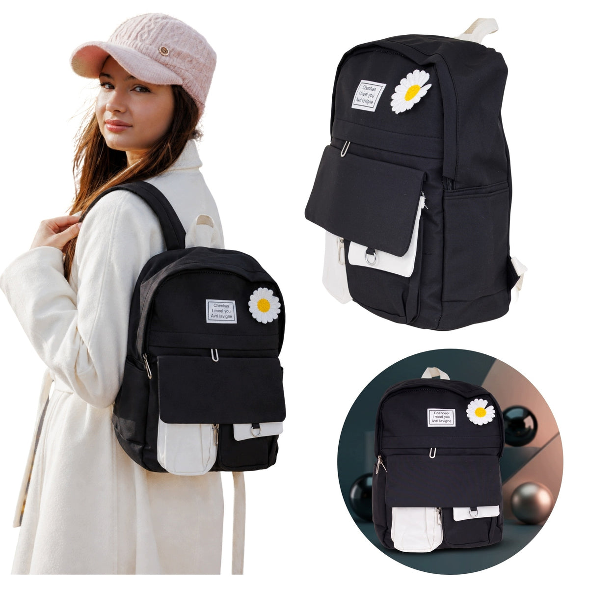 Youth School Backpack for Teenager Black DAISY