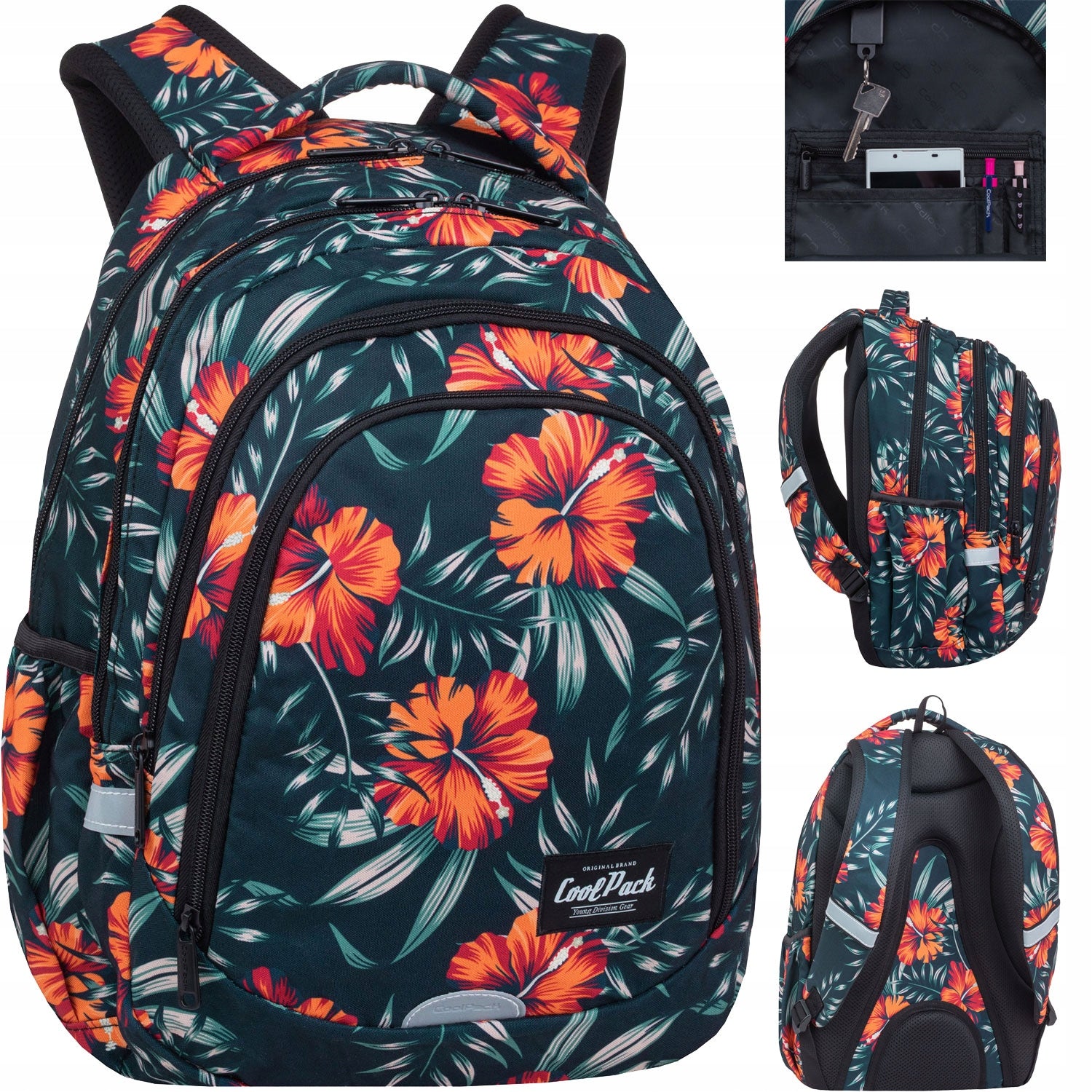 Youth backpack CoolPack DRAFTER RIO for teenage girl with hibiscus flowers 2