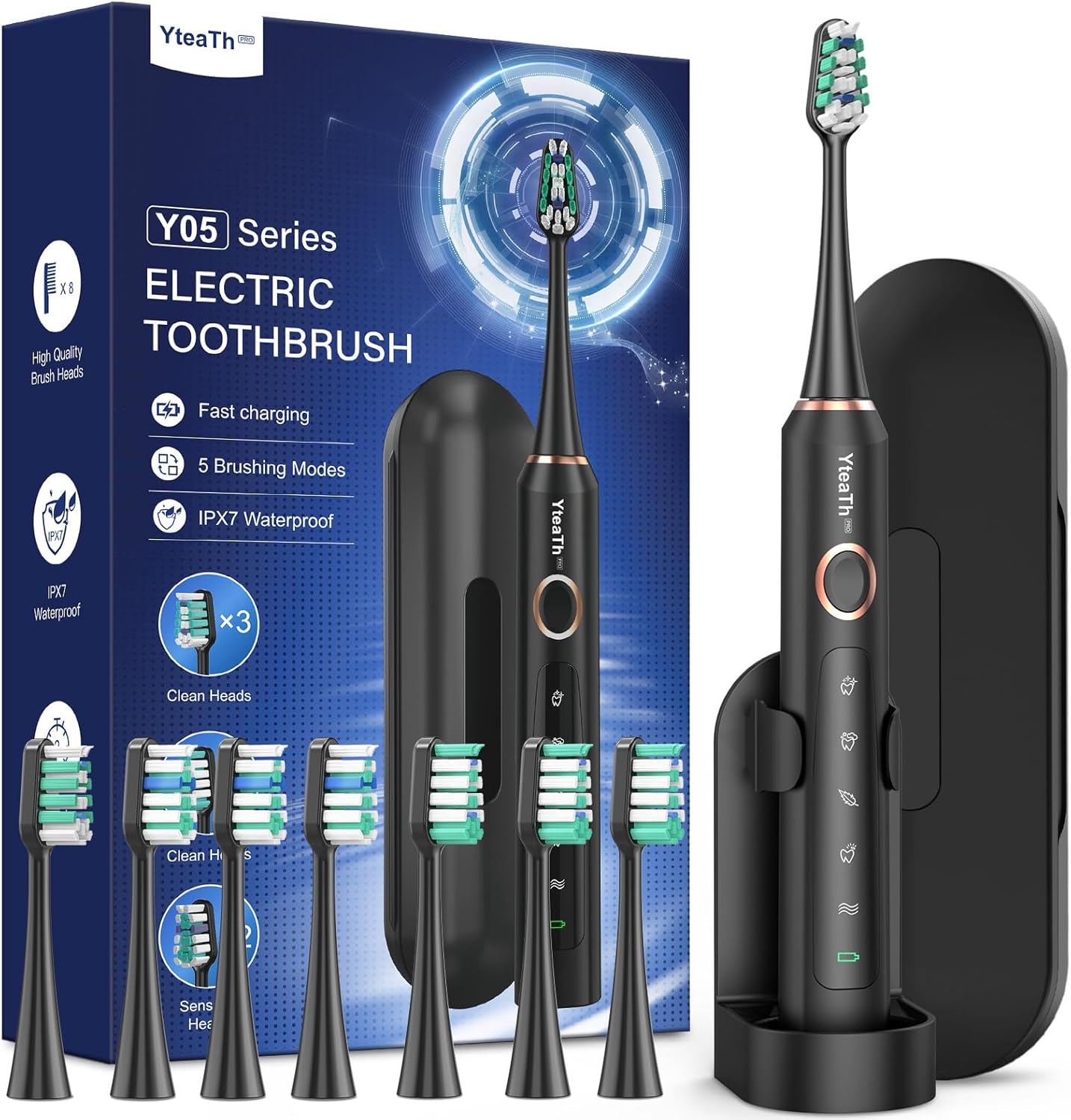 YteaTh PRO Y05 Sonic Toothbrush with Case Black + 8 Tips