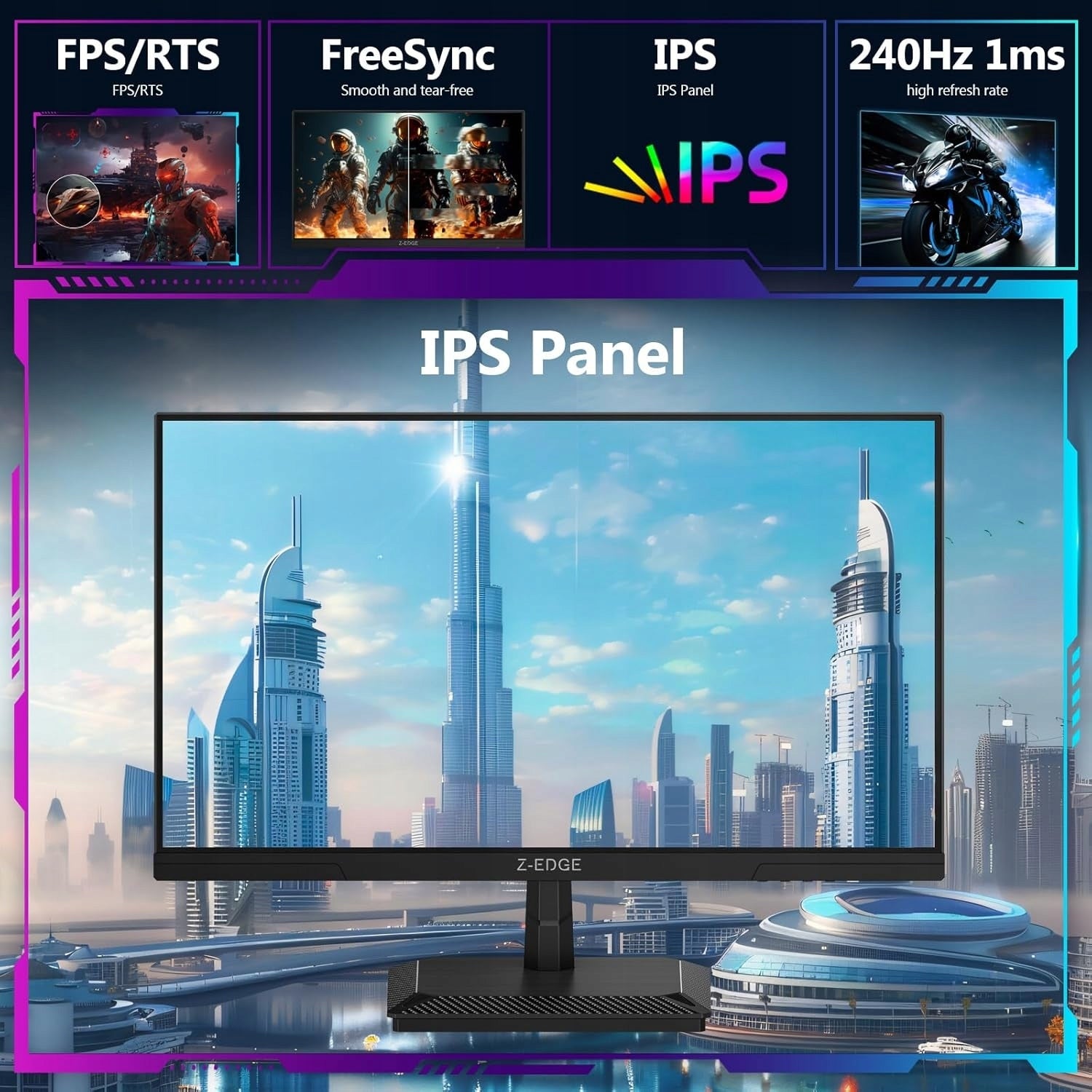 Z-Edge 24.5 Inch 240Hz IPS Gaming Monitor 1080P 1MS LED FreeSync - Black Packaging status original