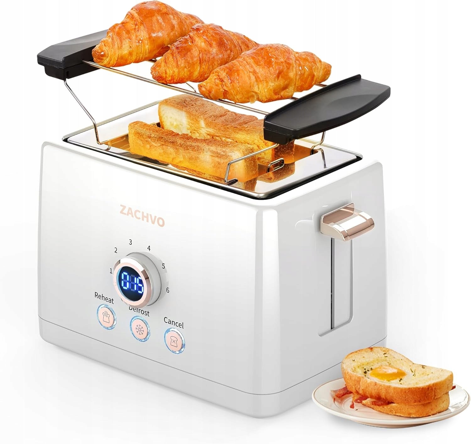 ZACHVO toaster 850W 2 slices 6 levels LED white steel defrosting bagel