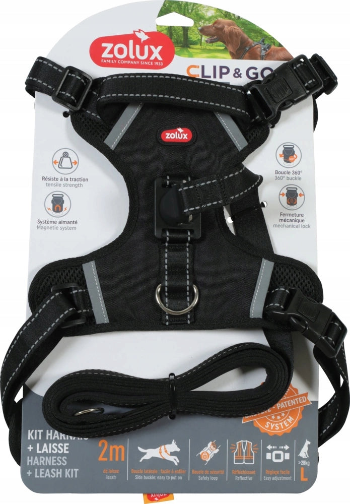 ZOLUX Harness + Leash Set for Dog CLIP&GO L Black