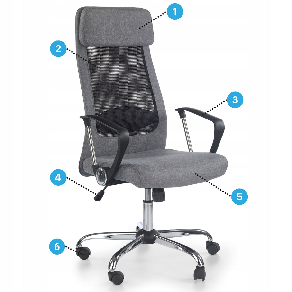 ZOOM Desk Swivel Chair Grey Upholstered Office Mesh Halmar Furniture depth 64 cm
