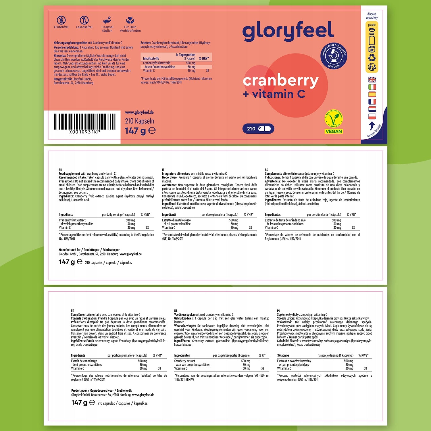 ŻURAWINA cranberry EKSTRAKT 500mg WITAMINA C 210kap UKŁAD MOCZOWY gloryfeel Brand Gloryfeel