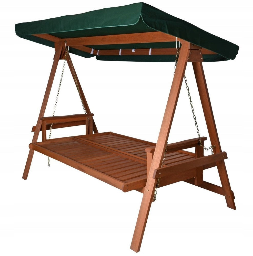 Zahradní houpačka VEGAS LUX, dřevo Meranti, 3 osoby, zelené polštáře Kind freestanding