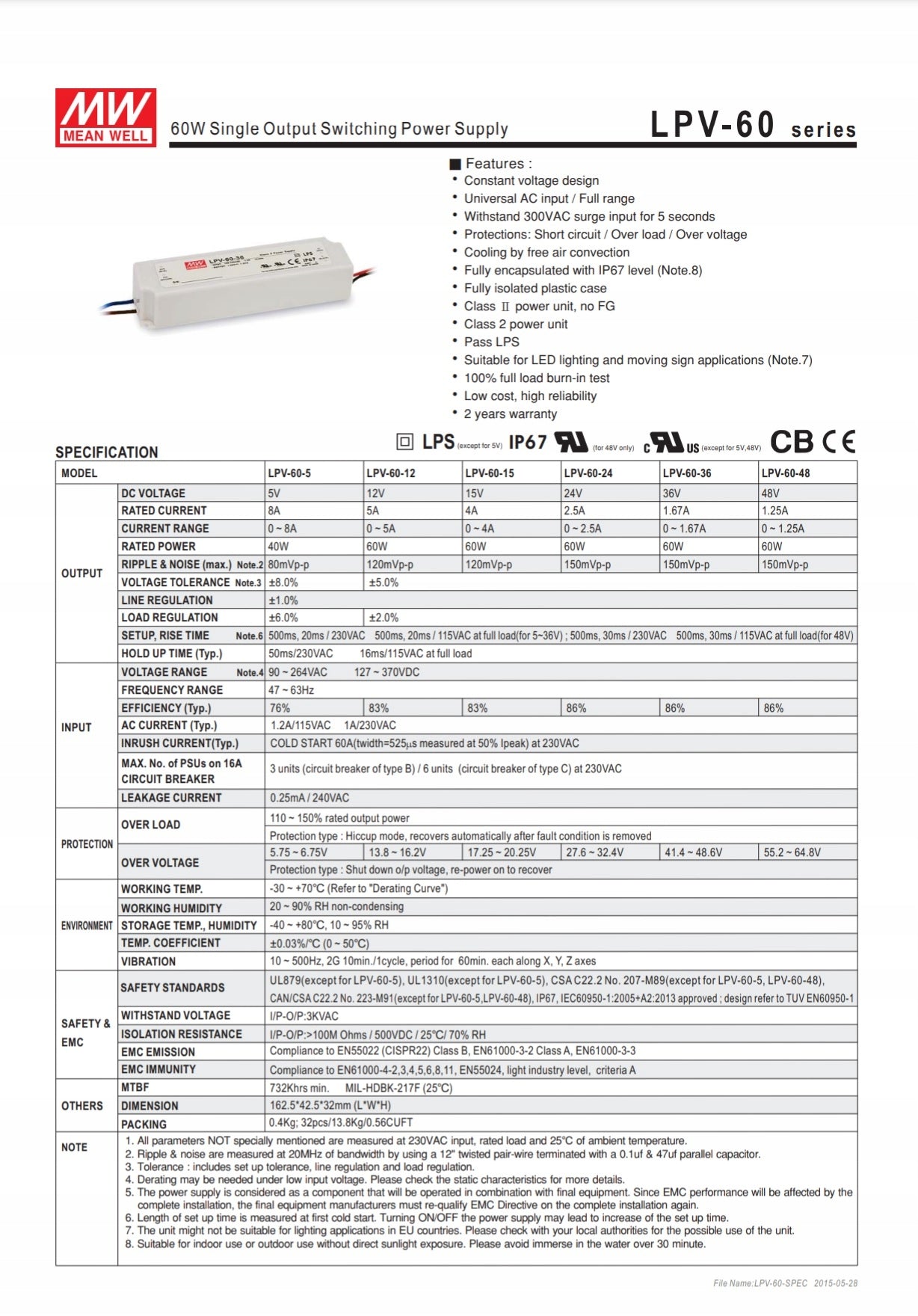 Pulsnetzteil Mean Well LVP-60-24 IP67 24V 2,5A 60W, wasserdicht 
