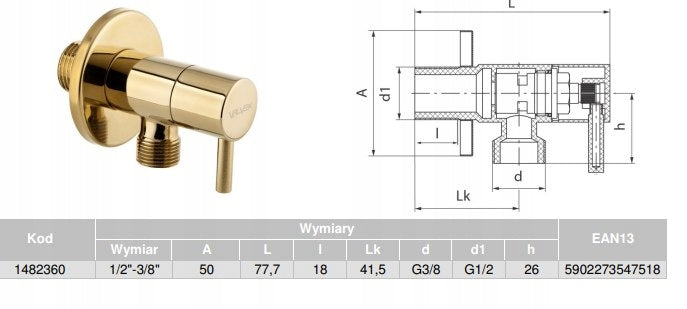 Eckhahnventil / Ventil 1/2" - 3/8" mit Keramikkopf, gold 