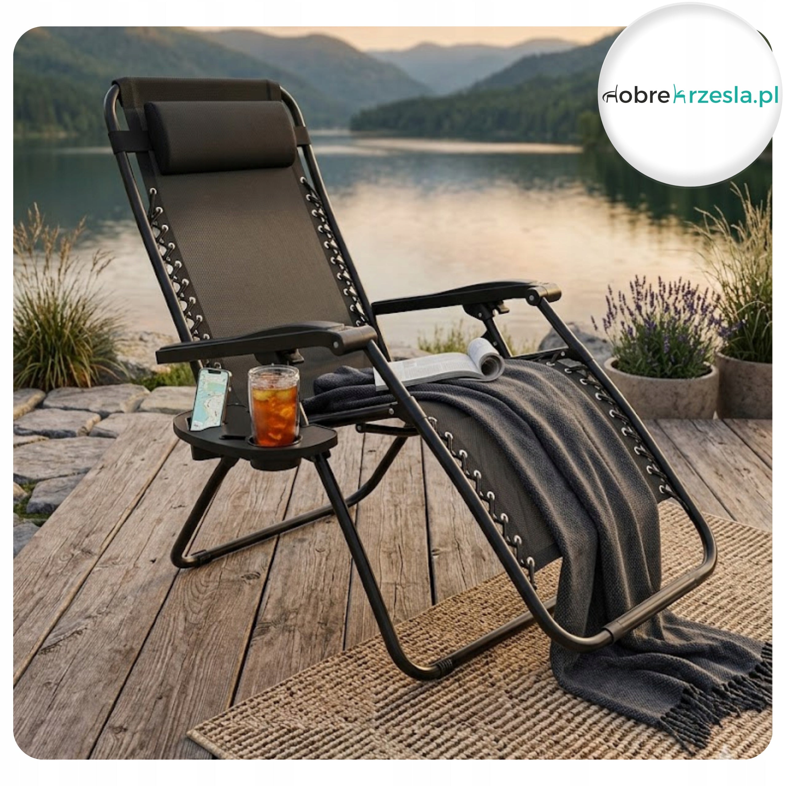 Zero Gravity Garden Sun Lounger Black Folding with Drink and Phone Holder Manufacturer code Leżak Gravity