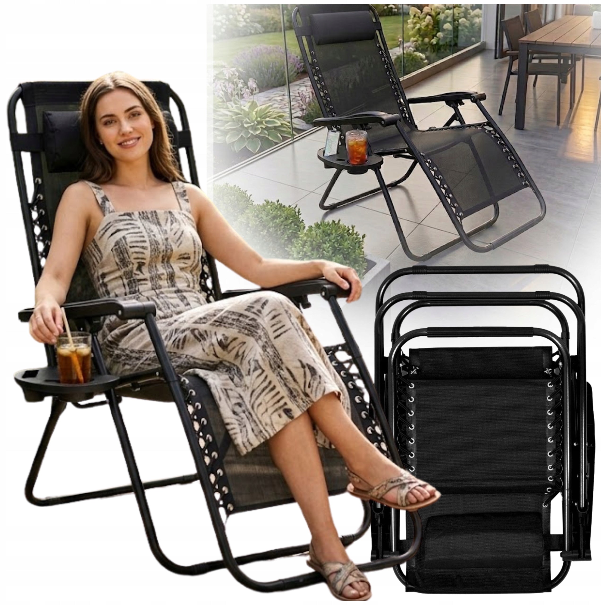 Zero Gravity Garden Sun Lounger Black Folding with Drink and Phone Holder