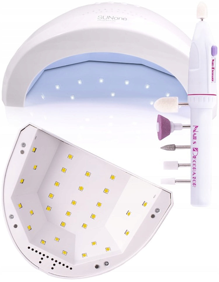 Gel-Nagellack-Set S03: Lampe Sunone SUN1 48W, weiß + Nagelschneider + 5 Spitzen + Zubehör 
